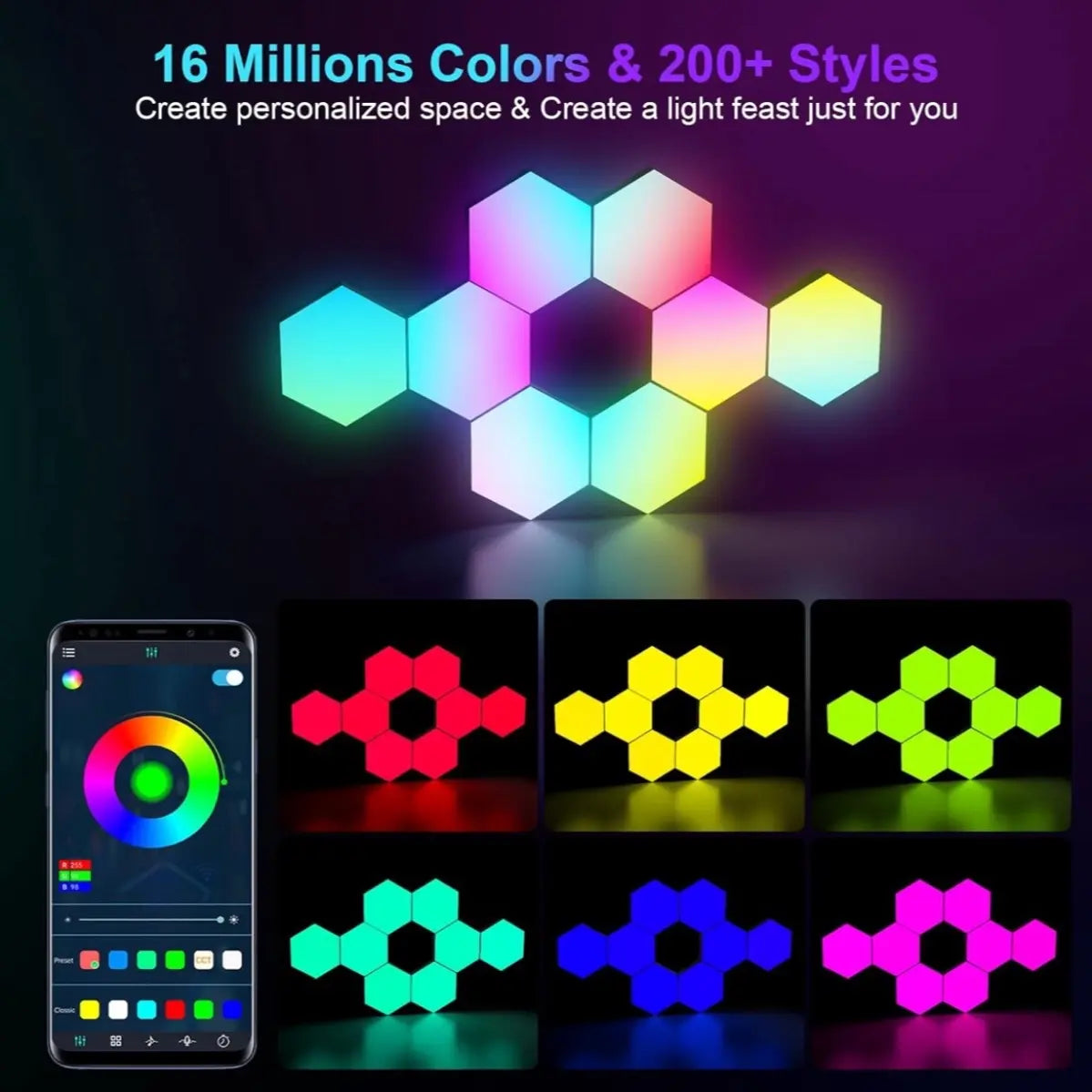 Transform Your Space with 6 Pack Hexagon Light Panels - Music Sync RGB Lighting with APP & Remote Control for Ultimate Home Decor